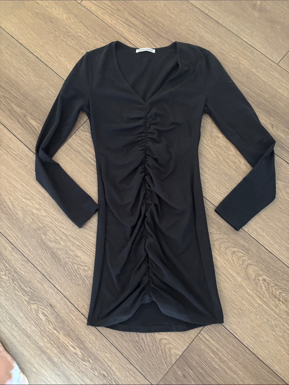 Reformation Black Ruched V-Neck Long Sleeve Dress